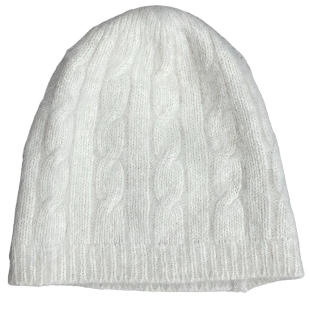Fuzzy Angora Wool Blend Cable Knit Beanie Soft Winter Hat Ivory Coquette Luxury